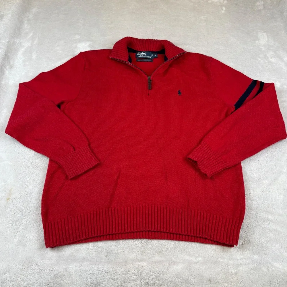 Polo Ralph Lauren‎ Men's Red 1/4 Zip Sweater Cotton Logo Size L